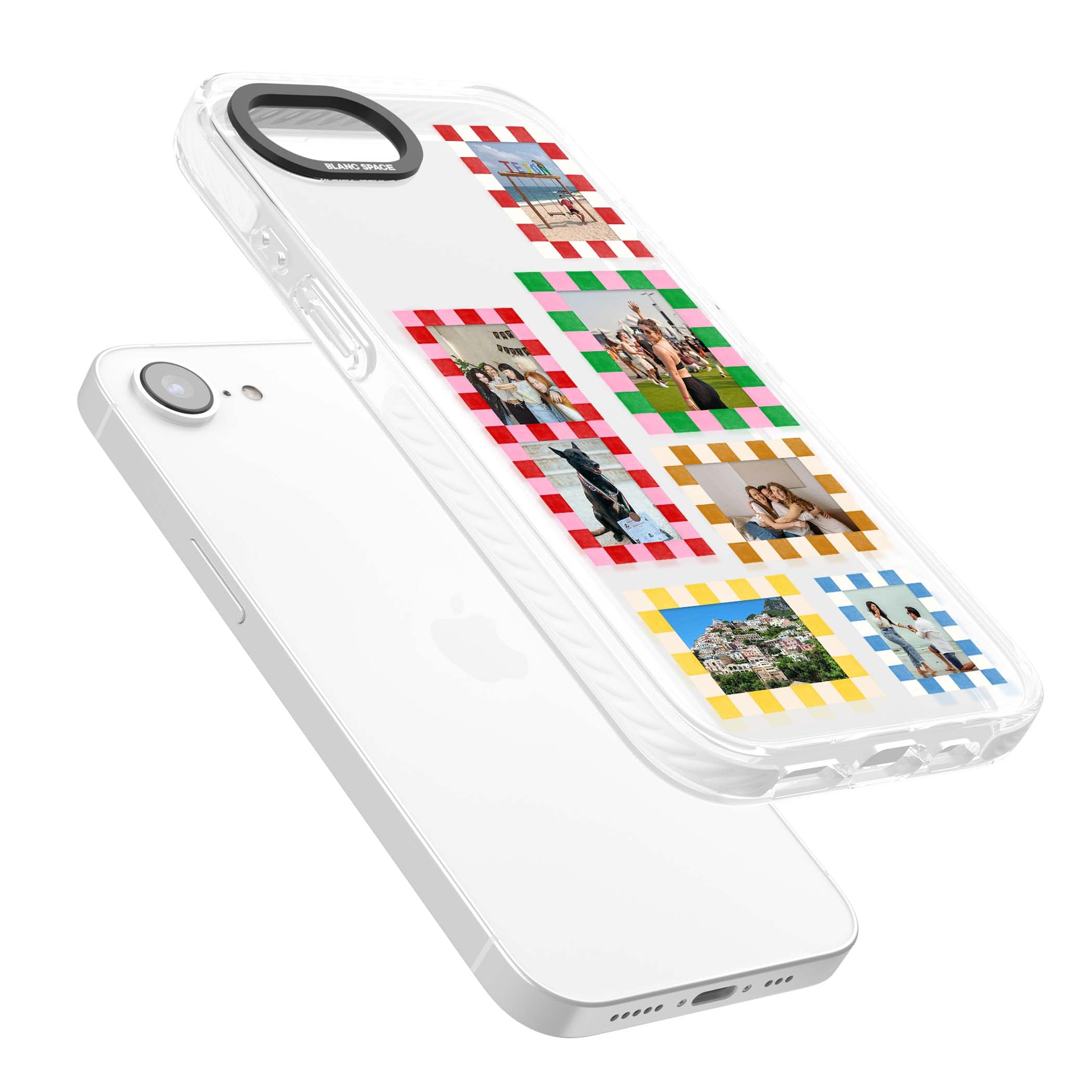 Italian Check Frames custom photo collage iPhone case featuring six checkered photo frames in red, green, pink and | Clear Impact case for iPhone 16e, iPhone 17e