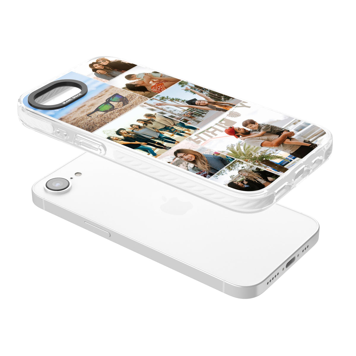 Personalised Photo Grid iPhone 16e / iPhone 17e Impact Clear Phone Case angled