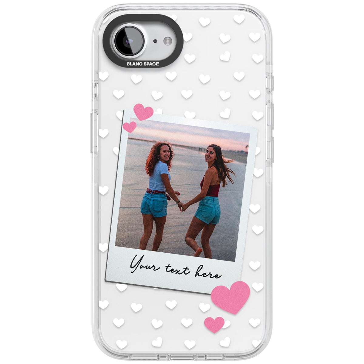 Personalised Hearts Instant Camera Photo iPhone 16e / iPhone 17e Impact Clear Phone Case front