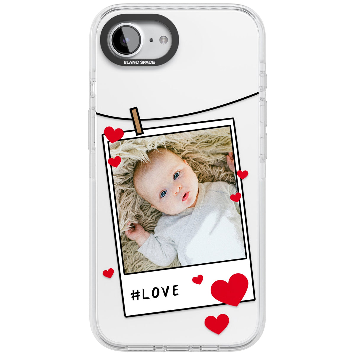 Personalised Paperclip & Hearts Polaroid iPhone 16e / iPhone 17e Impact Clear Phone Case front