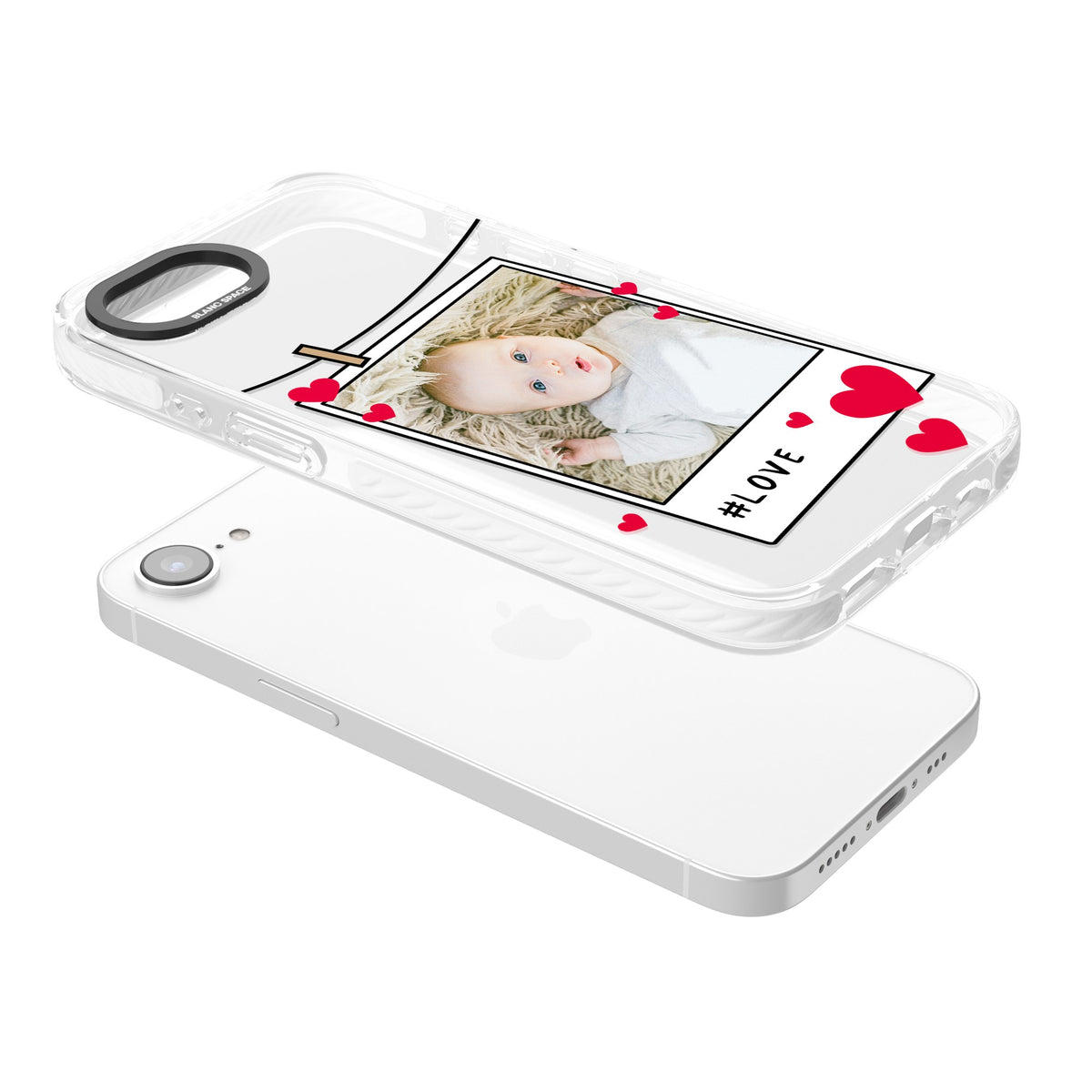 Personalised Paperclip & Hearts Polaroid iPhone 16e / iPhone 17e Impact Clear Phone Case angled