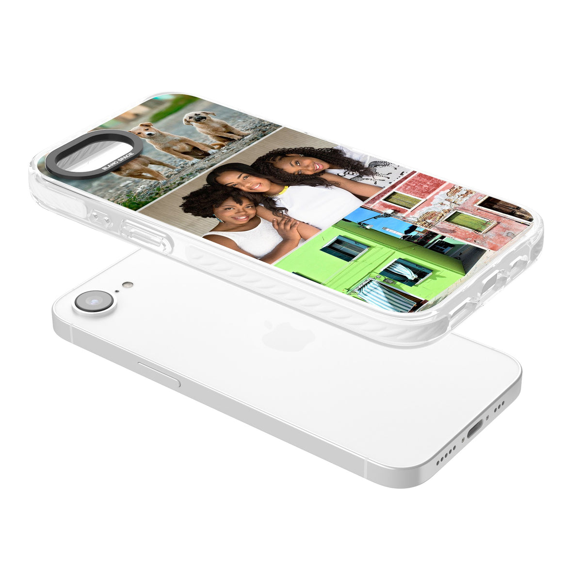 Personalised 3 Photo Grid iPhone 16e / iPhone 17e Impact Clear Phone Case angled