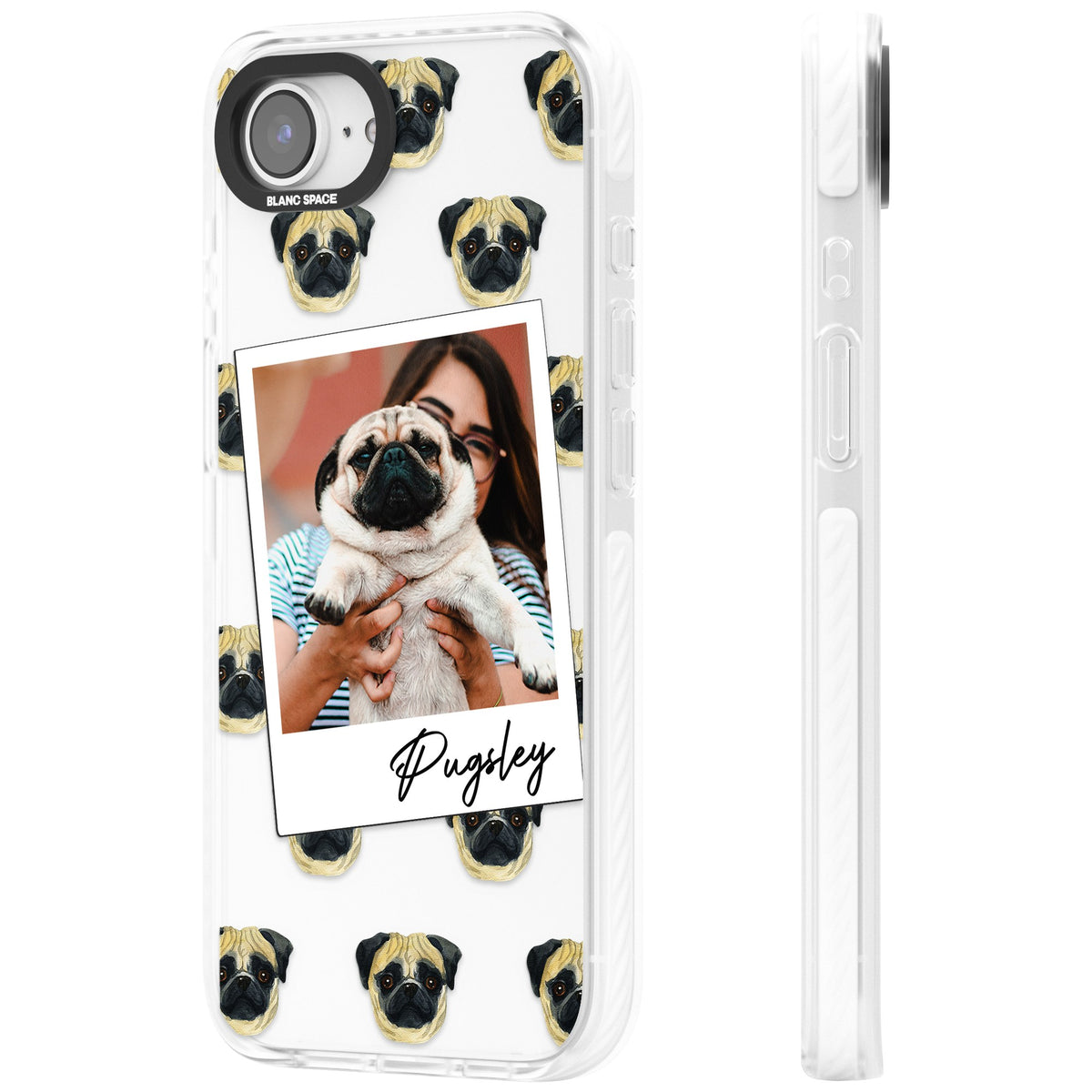 Personalised Pug Instant Camera Photo iPhone 16e / iPhone 17e Impact Clear Phone Case side