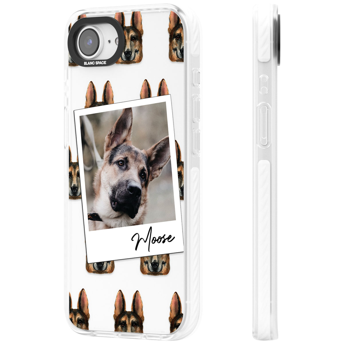 Personalised German Shepherd Instant Camera Photo iPhone 16e / iPhone 17e Impact Clear Phone Case side