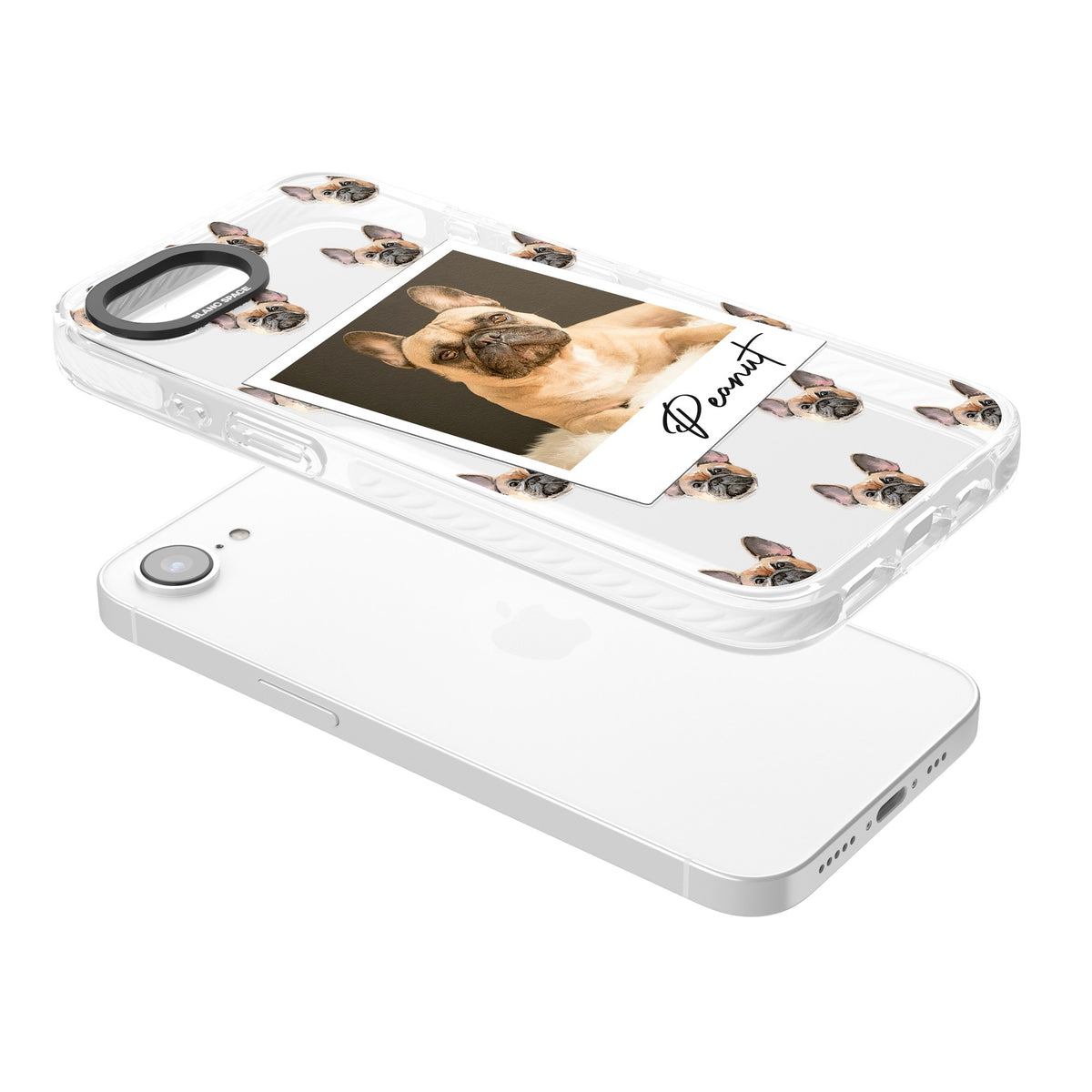 Personalised Tan French Bulldog Instant Camera Photo iPhone 16e / iPhone 17e Impact Clear Phone Case angled