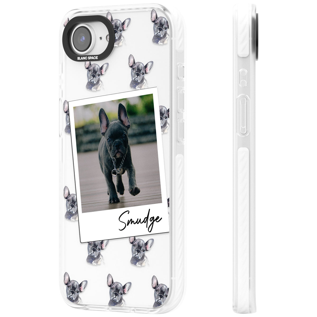 Personalised Grey French Bulldog Instant Camera Photo iPhone 16e / iPhone 17e Impact Clear Phone Case side