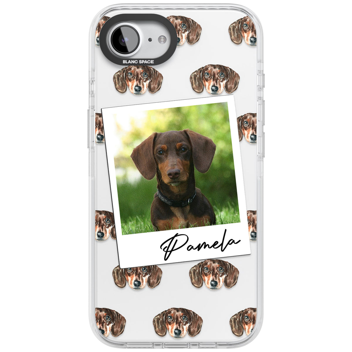 Personalised Brown Dachshund Instant Camera Photo iPhone 16e / iPhone 17e Impact Clear Phone Case front