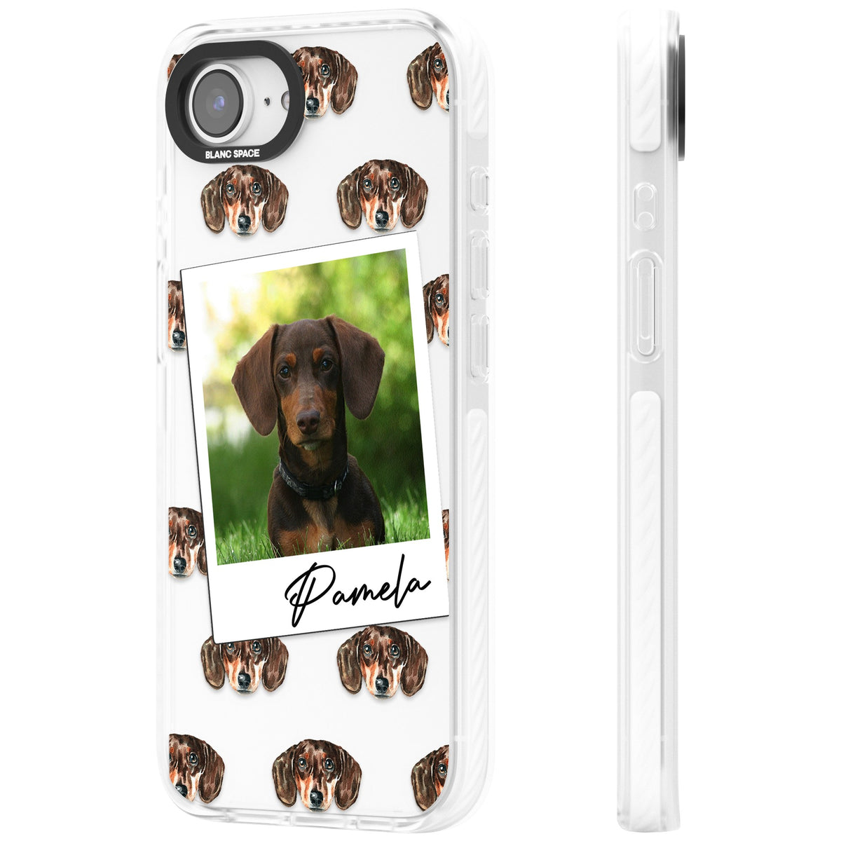 Personalised Brown Dachshund Instant Camera Photo iPhone 16e / iPhone 17e Impact Clear Phone Case side