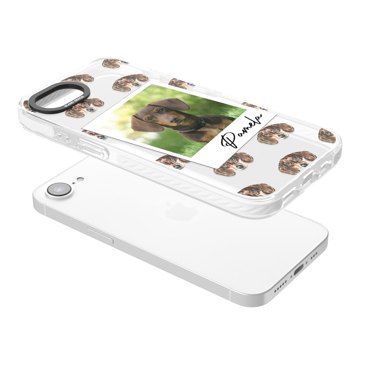 Personalised Brown Dachshund Instant Camera Photo iPhone 16e / iPhone 17e Impact Clear Phone Case angled