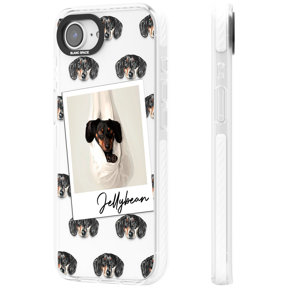 Personalised Black Dachshund Instant Camera Photo iPhone 16e / iPhone 17e Impact Clear Phone Case side