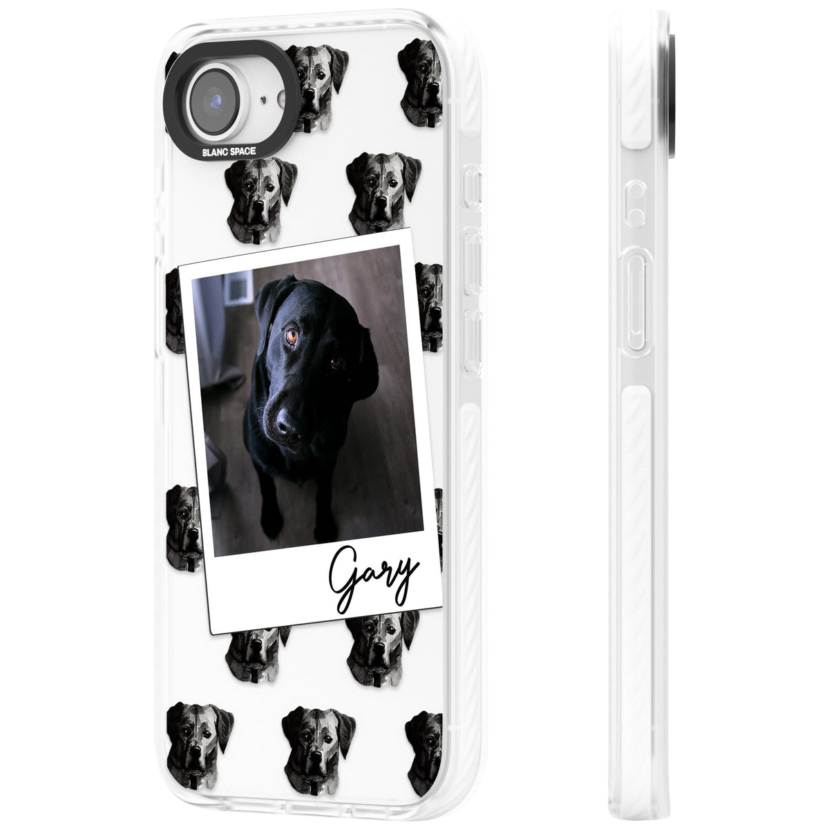 Personalised Black Labrador Instant Camera Photo iPhone 16e / iPhone 17e Impact Clear Phone Case side