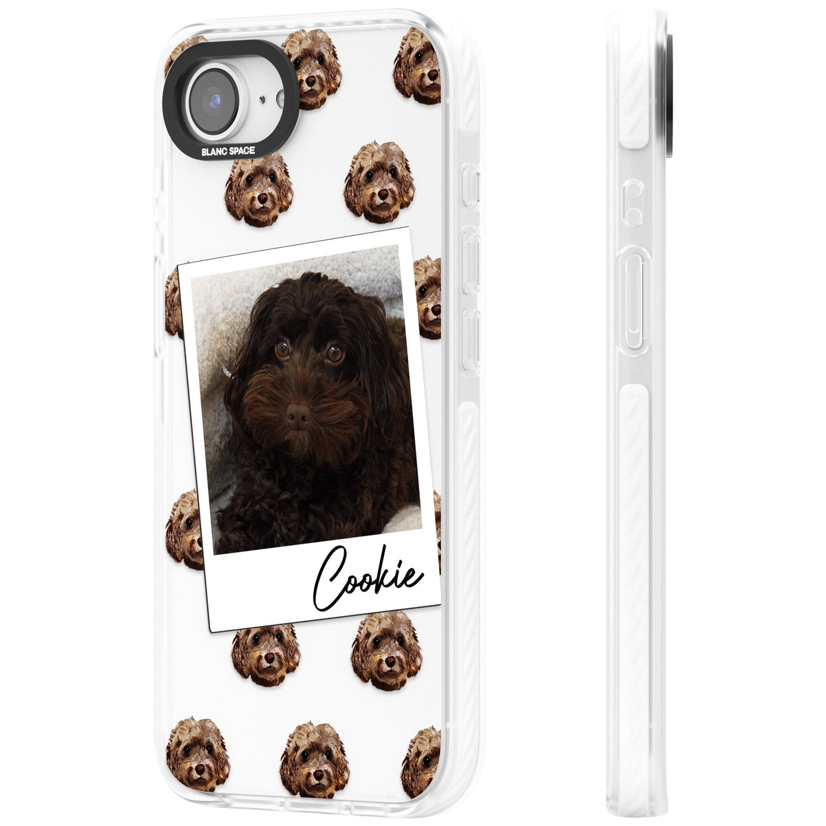 Personalised Brown Cockapoo Instant Camera Photo iPhone 16e / iPhone 17e Impact Clear Phone Case side