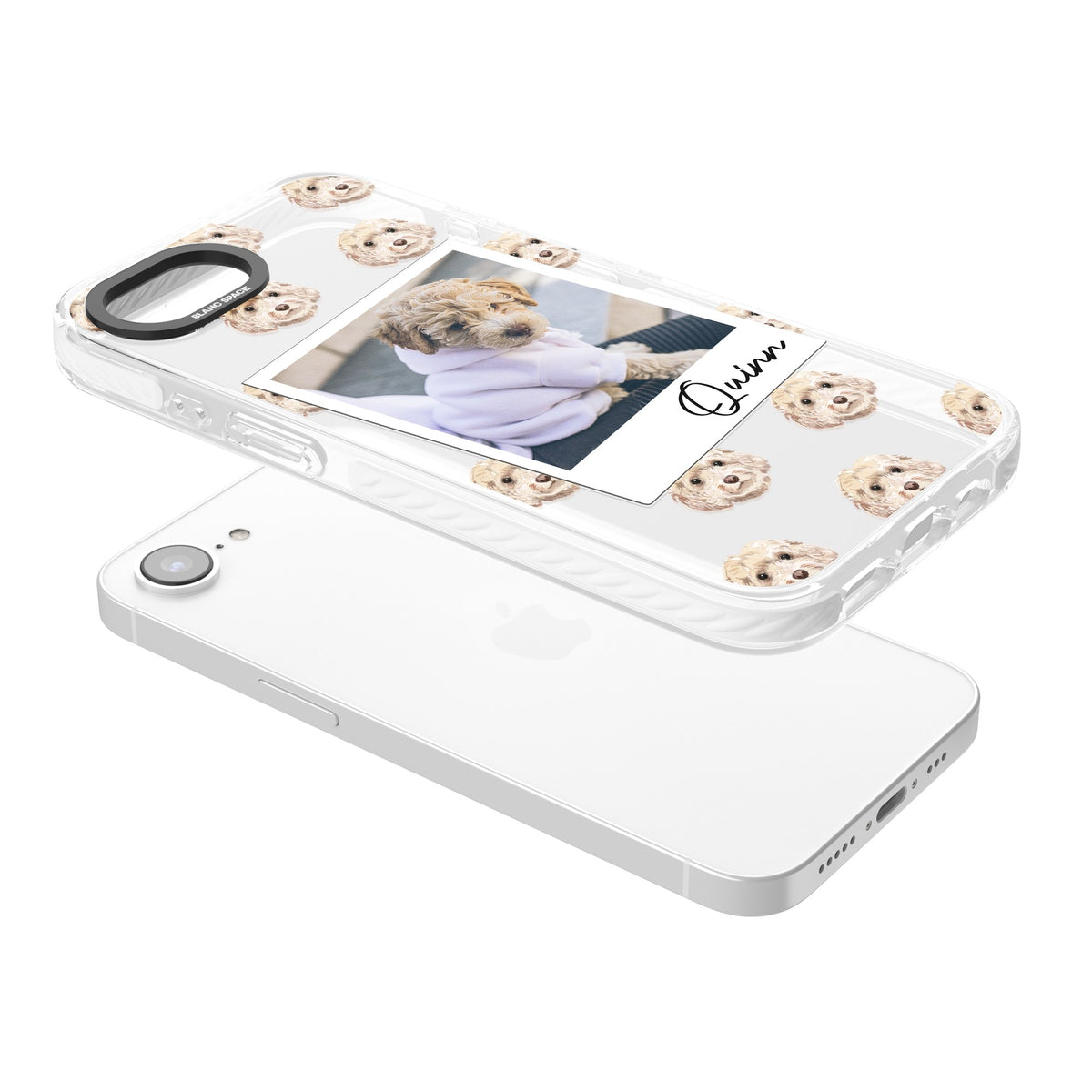 Personalised Cream Cockapoo Instant Camera Photo iPhone 16e / iPhone 17e Impact Clear Phone Case angled