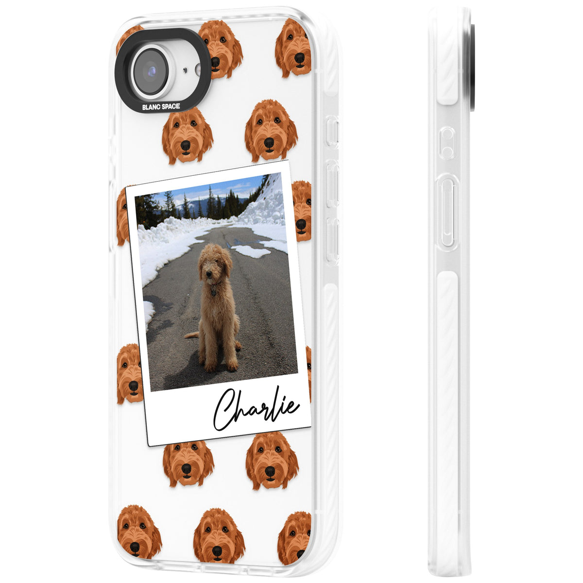 Personalised Golden Doodle Dog Photo iPhone 16e / iPhone 17e Impact Clear Phone Case side