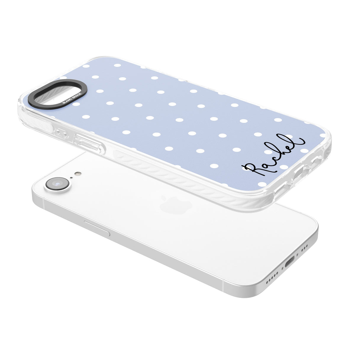 Personalised Powder Blue Dots iPhone 16e / iPhone 17e Impact Clear Phone Case angled