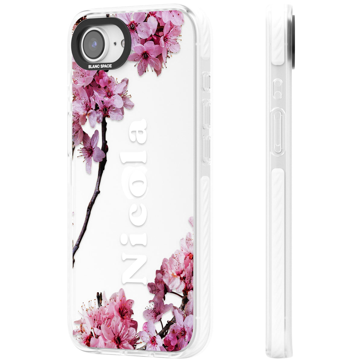 Personalised Cherry Blossom iPhone 16e / iPhone 17e Impact Clear Phone Case side