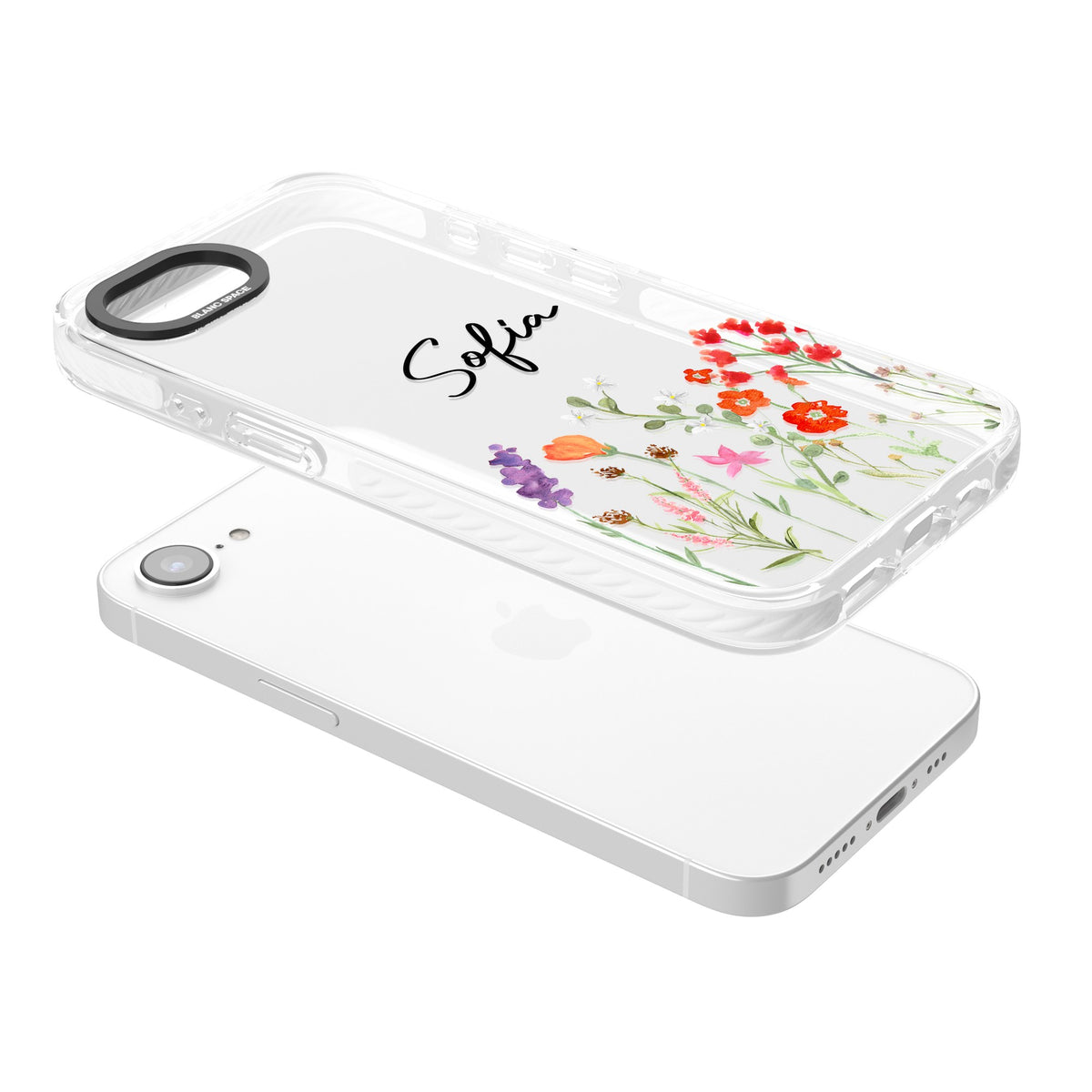 Personalised Spring Wildflowers iPhone 16e / iPhone 17e Impact Clear Phone Case angled