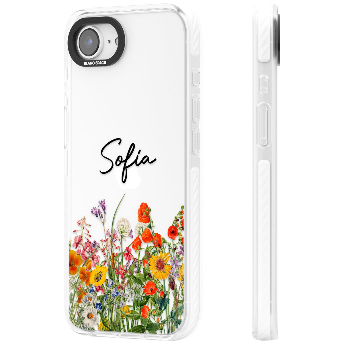 Personalised Summer Wildflowers iPhone 16e / iPhone 17e Impact Clear Phone Case side