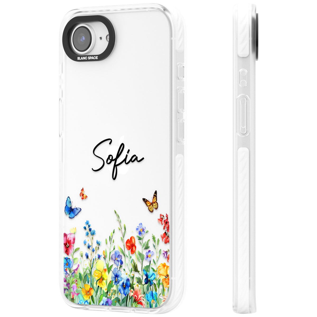 Personalised Buterflies Wildflowers iPhone 16e / iPhone 17e Impact Clear Phone Case side