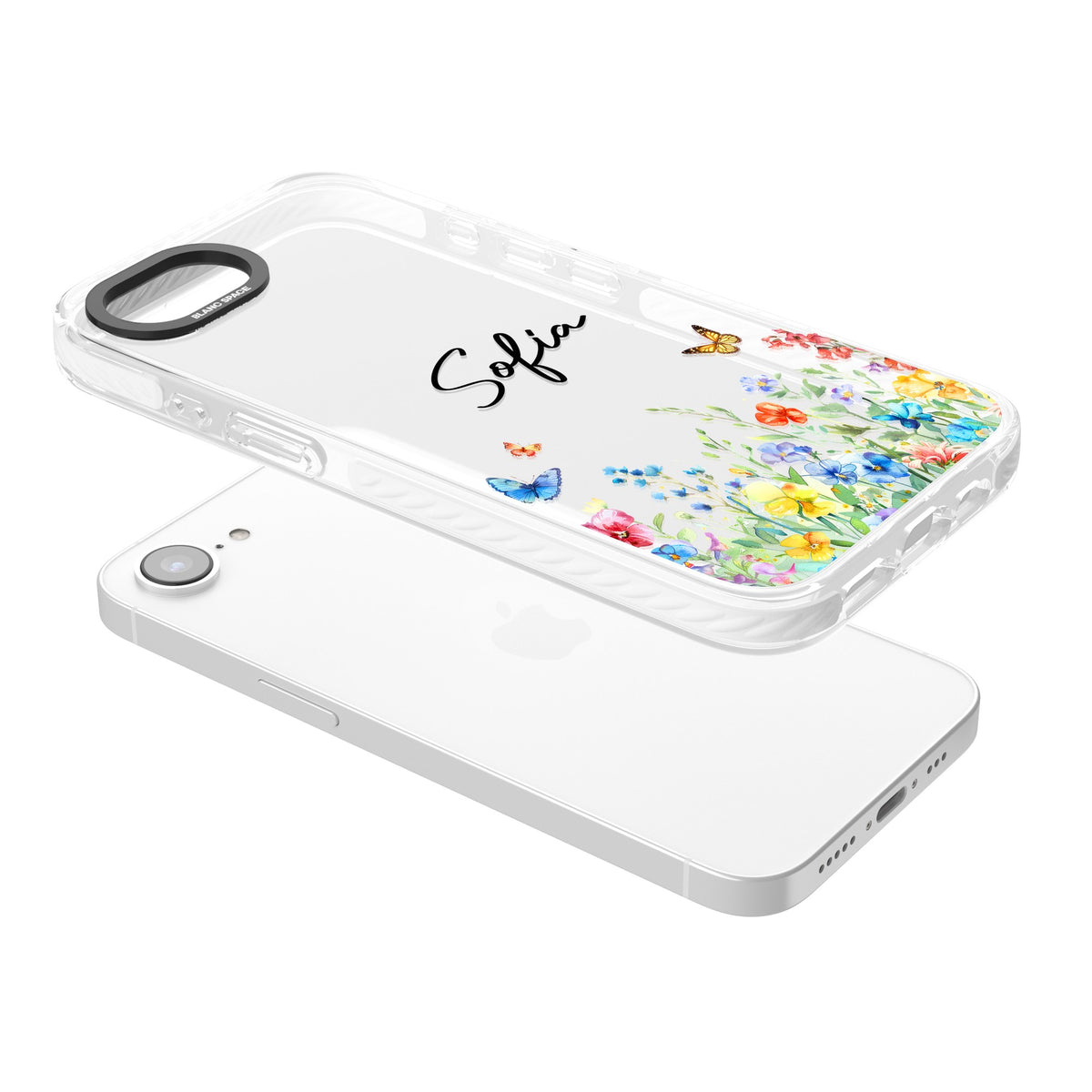 Personalised Buterflies Wildflowers iPhone 16e / iPhone 17e Impact Clear Phone Case angled