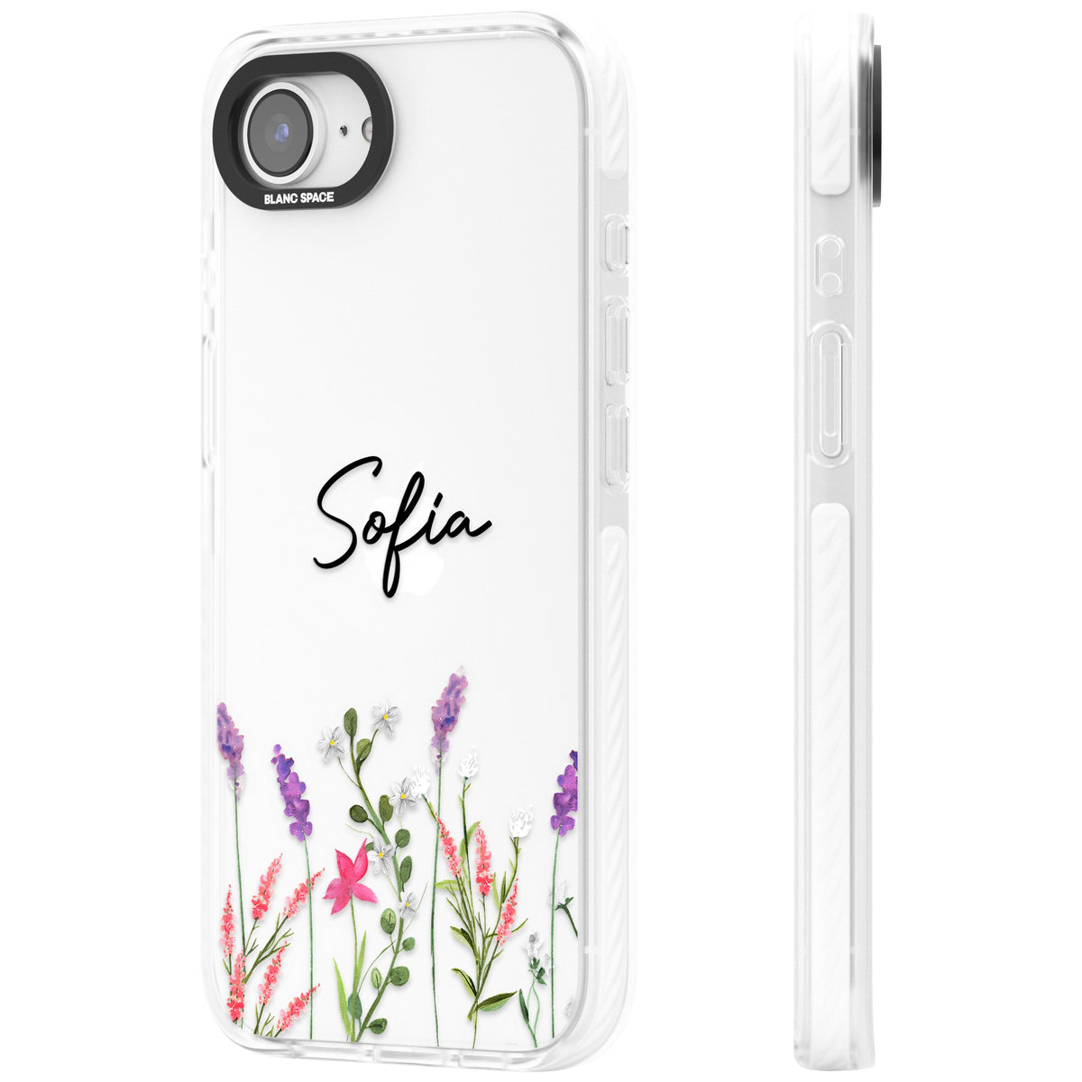 Personalised Lavender Wildflowers iPhone 16e / iPhone 17e Impact Clear Phone Case side