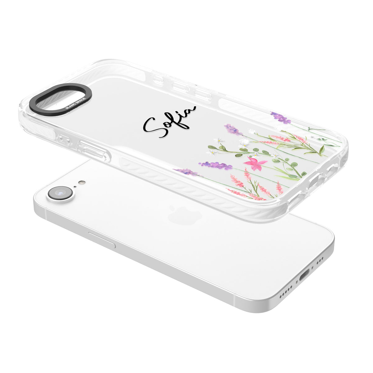 Personalised Lavender Wildflowers iPhone 16e / iPhone 17e Impact Clear Phone Case angled