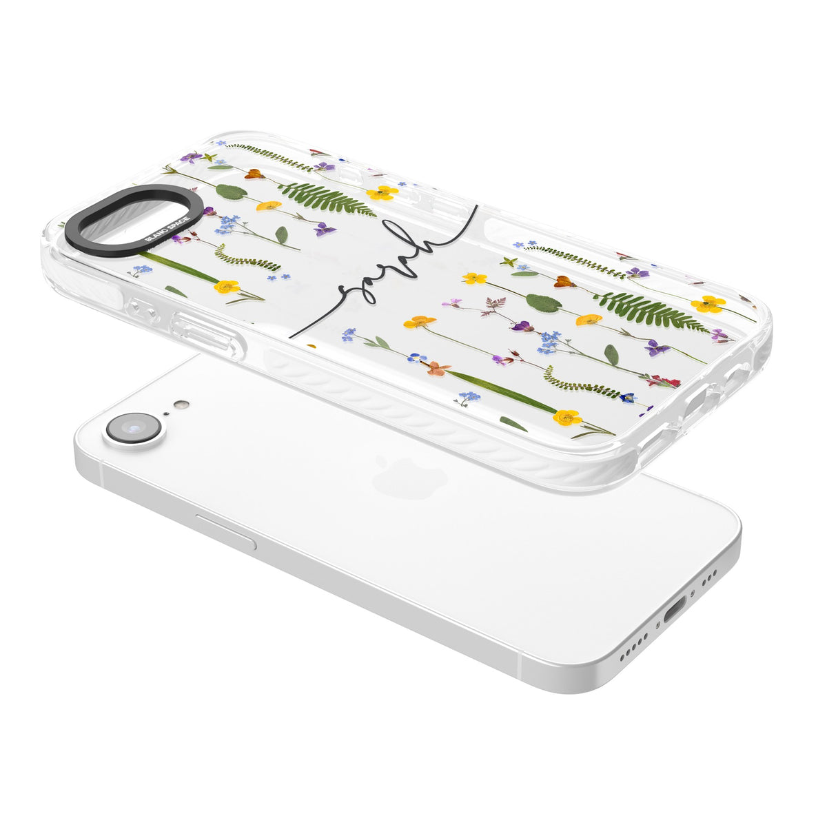 Personalised Wildflower Chain iPhone 16e / iPhone 17e Impact Clear Phone Case angled