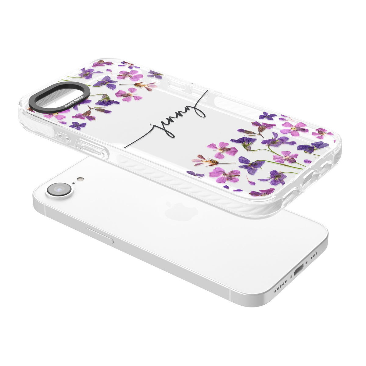 Personalised Purple Wildflowers iPhone 16e / iPhone 17e Impact Clear Phone Case angled