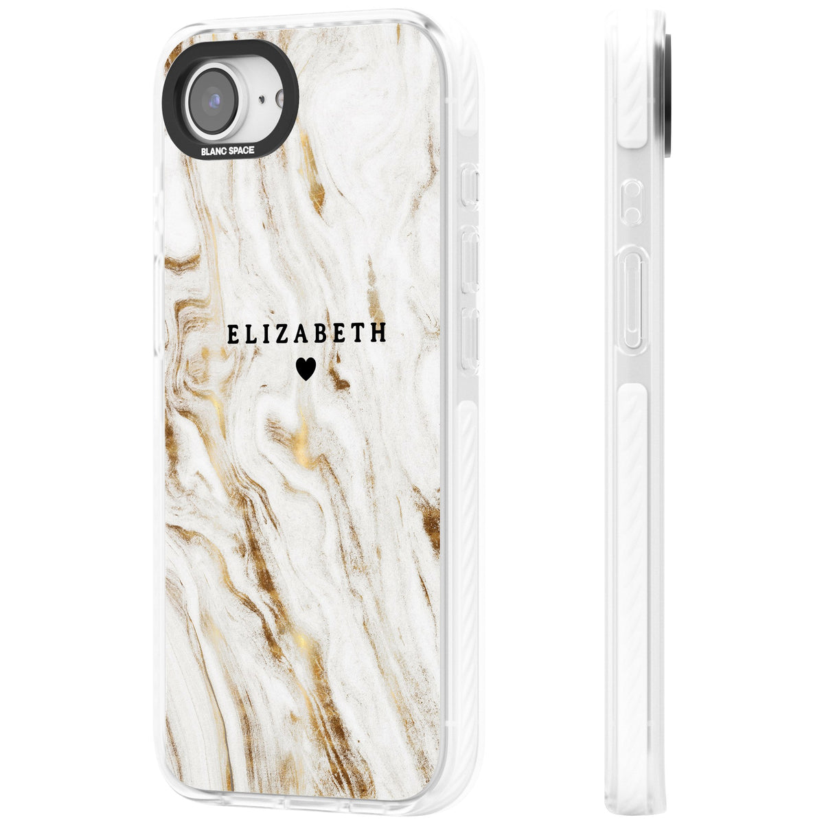 Personalised White Gilded Marble iPhone 16e / iPhone 17e Impact Clear Phone Case side