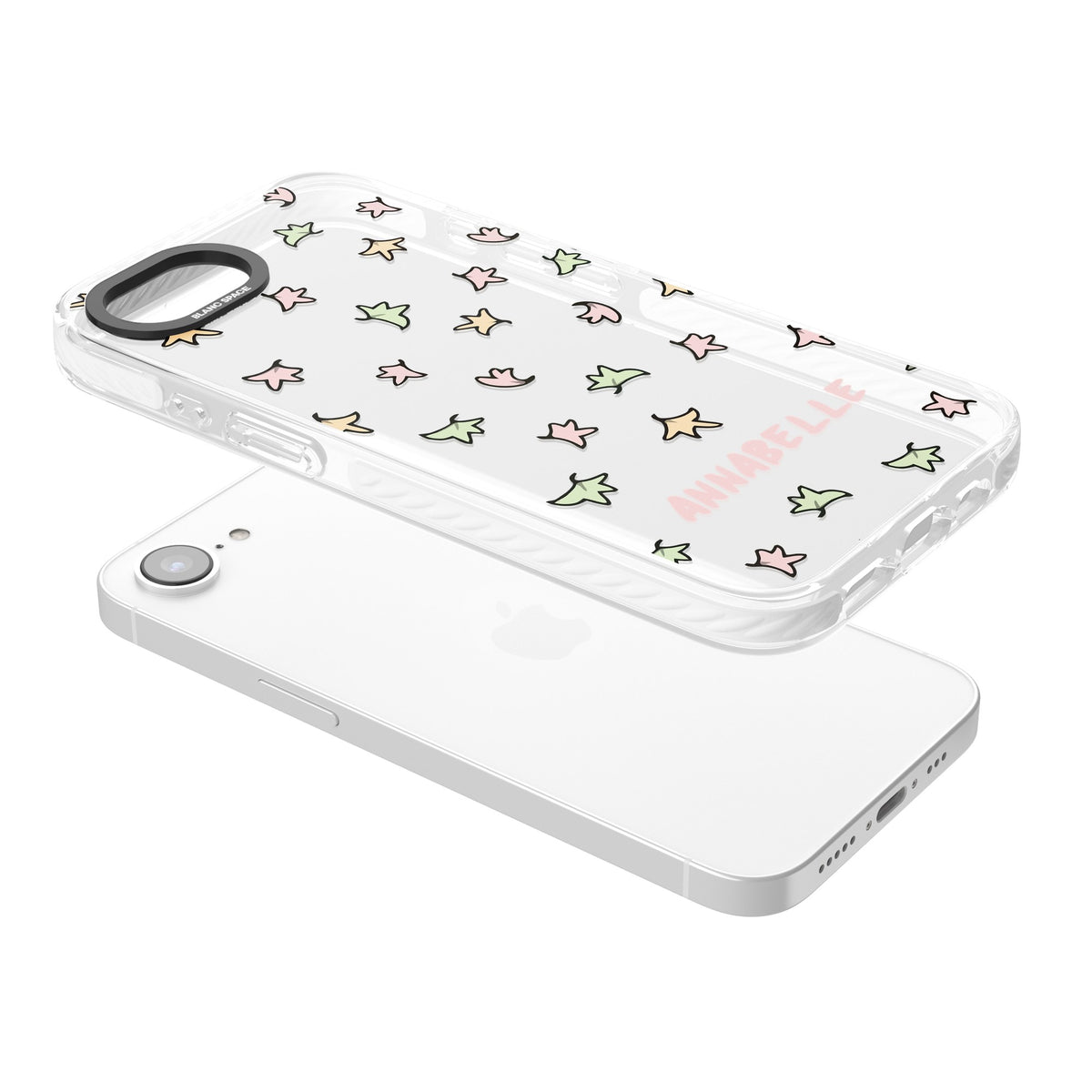 Personalised Heartstopper Leaves Pattern iPhone 16e / iPhone 17e Impact Clear Phone Case angled