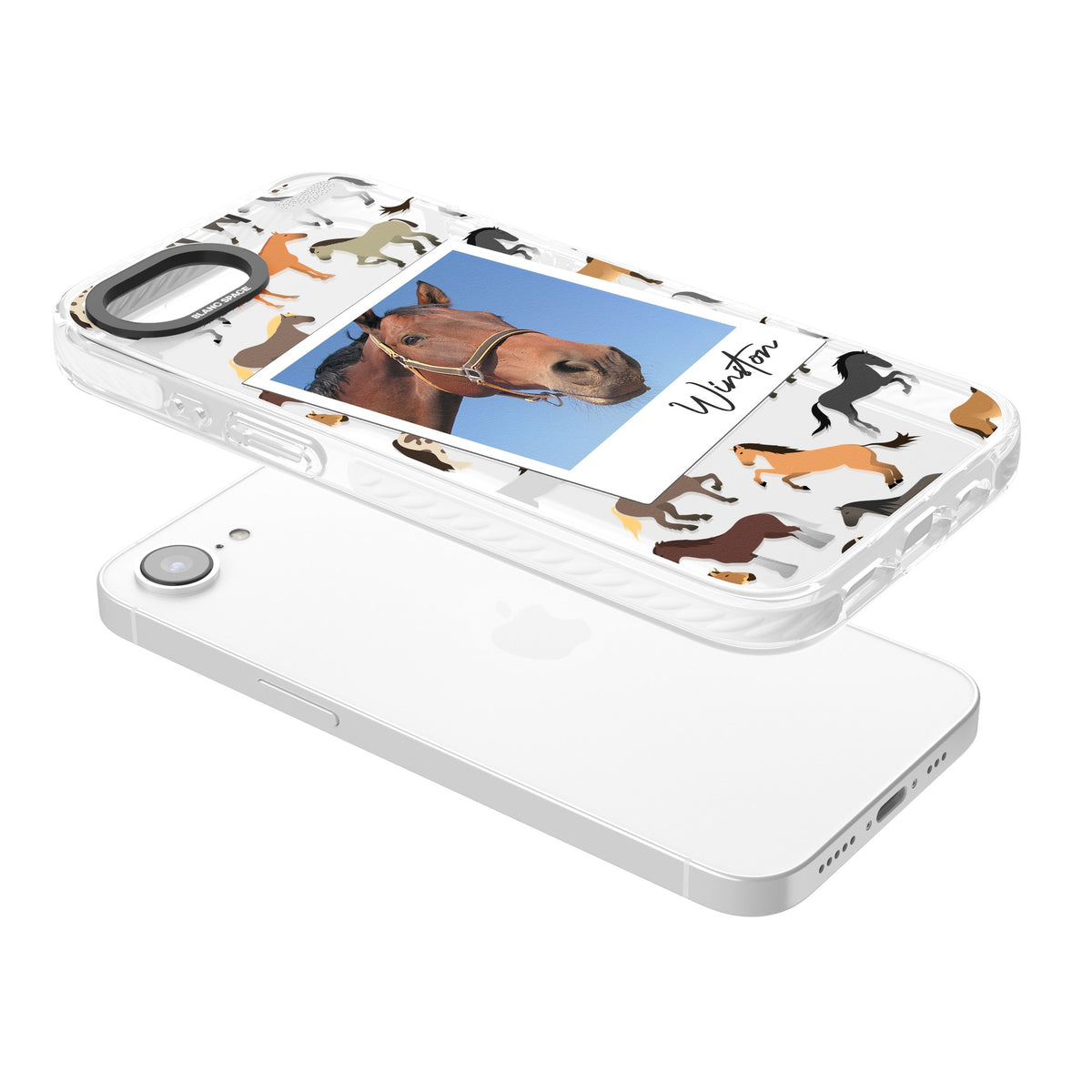 Personalised Horse Polaroid iPhone 16e / iPhone 17e Impact Clear Phone Case angled