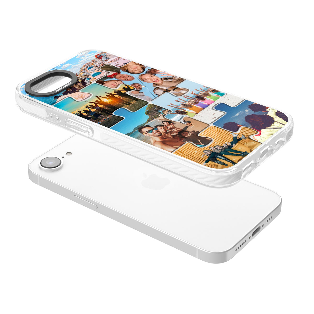 Personalised Jigsaw Photo Grid iPhone 16e / iPhone 17e Impact Clear Phone Case angled