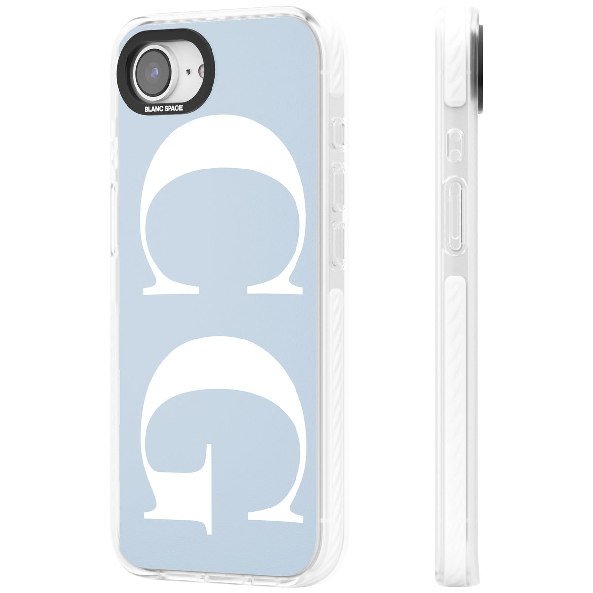 Personalised White & Blue Letters iPhone 16e / iPhone 17e Impact Clear Phone Case side