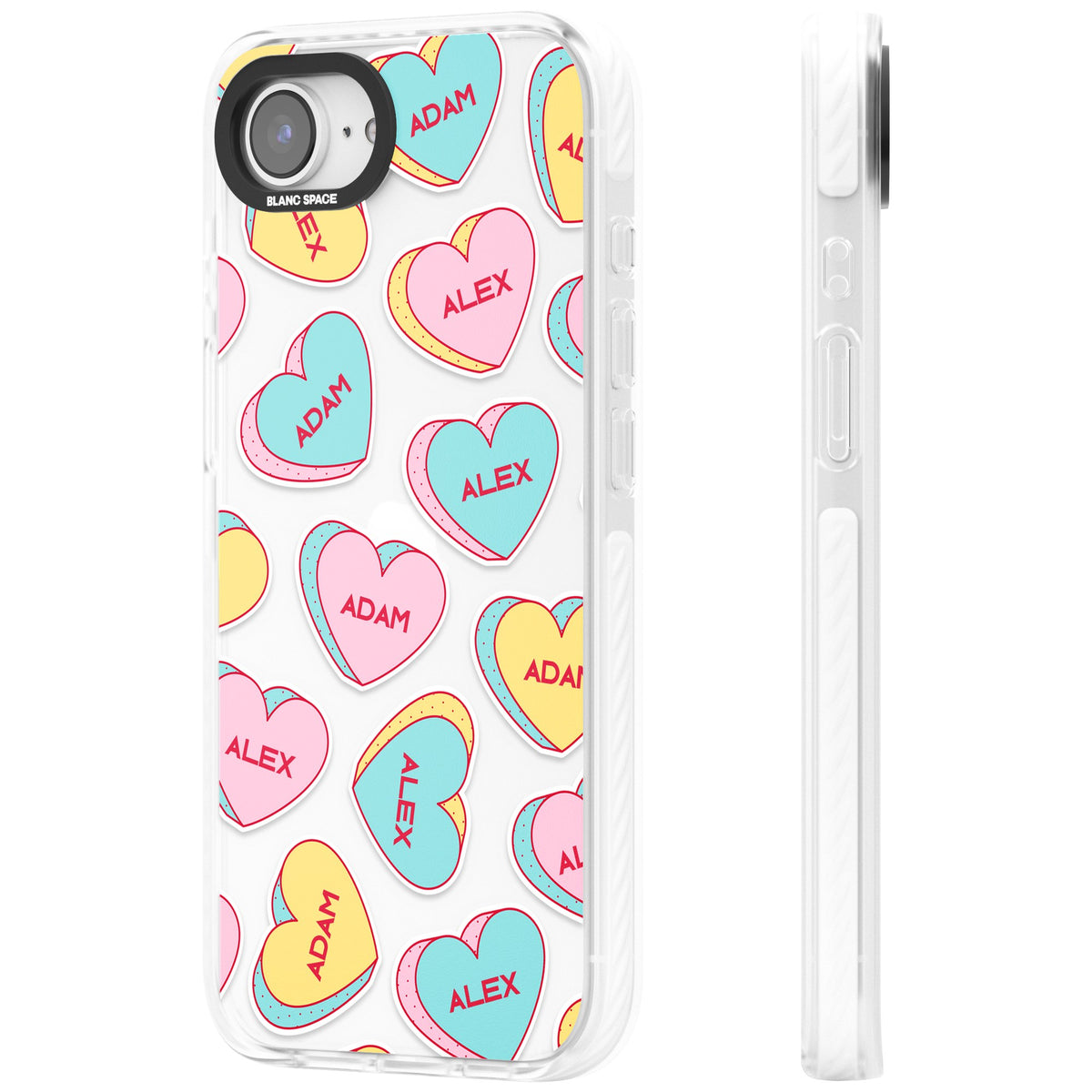 Personalised Love Heart Sweets iPhone 16e / iPhone 17e Impact Clear Phone Case side