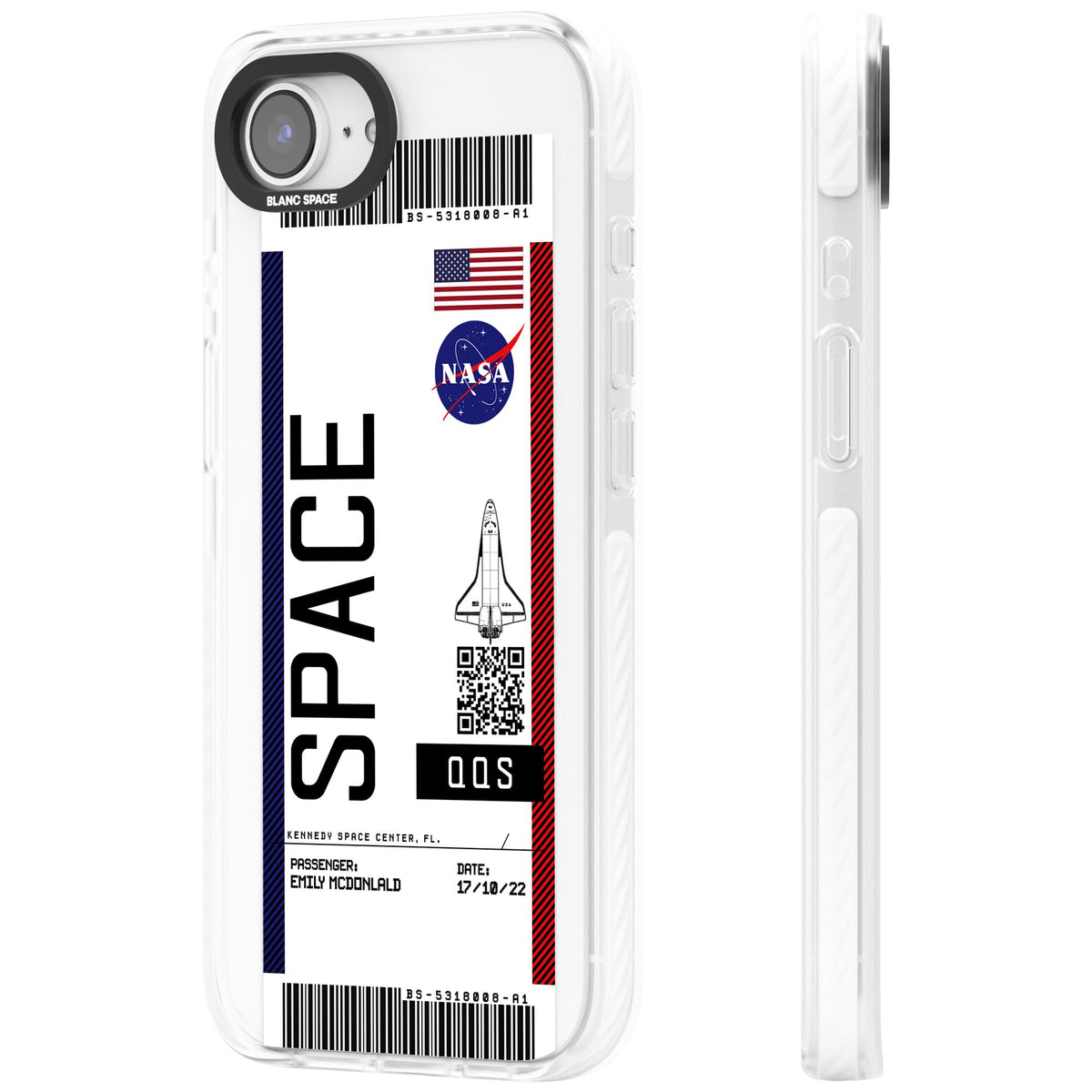 Personalised Nasa Boarding Pass (Light) iPhone 16e / iPhone 17e Impact Clear Phone Case side