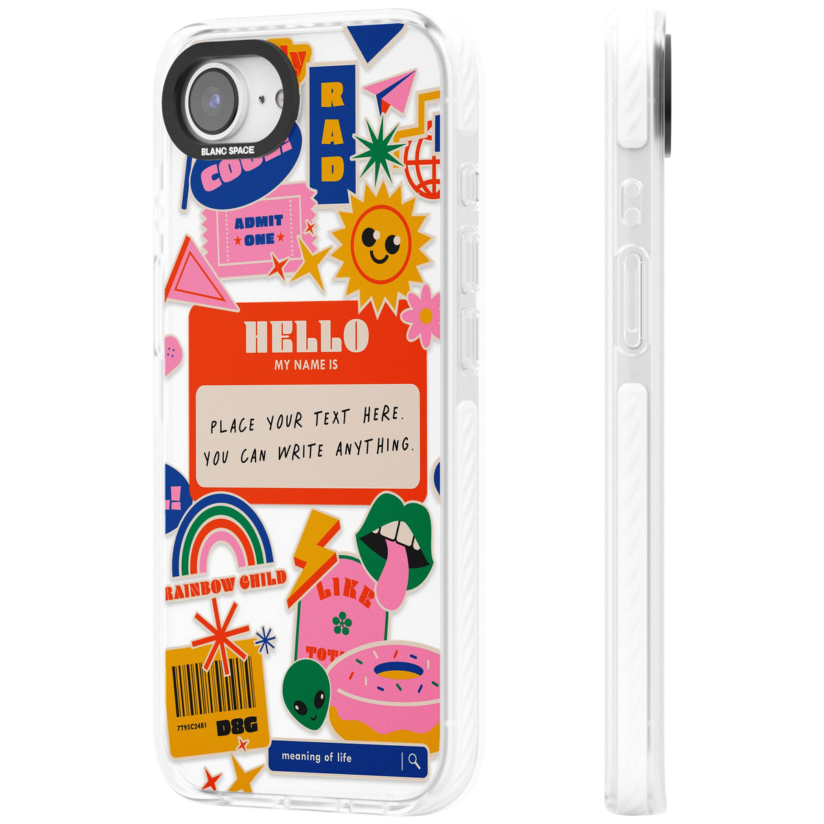 Personalised Retro Nametag Sticker iPhone 16e / iPhone 17e Impact Clear Phone Case side