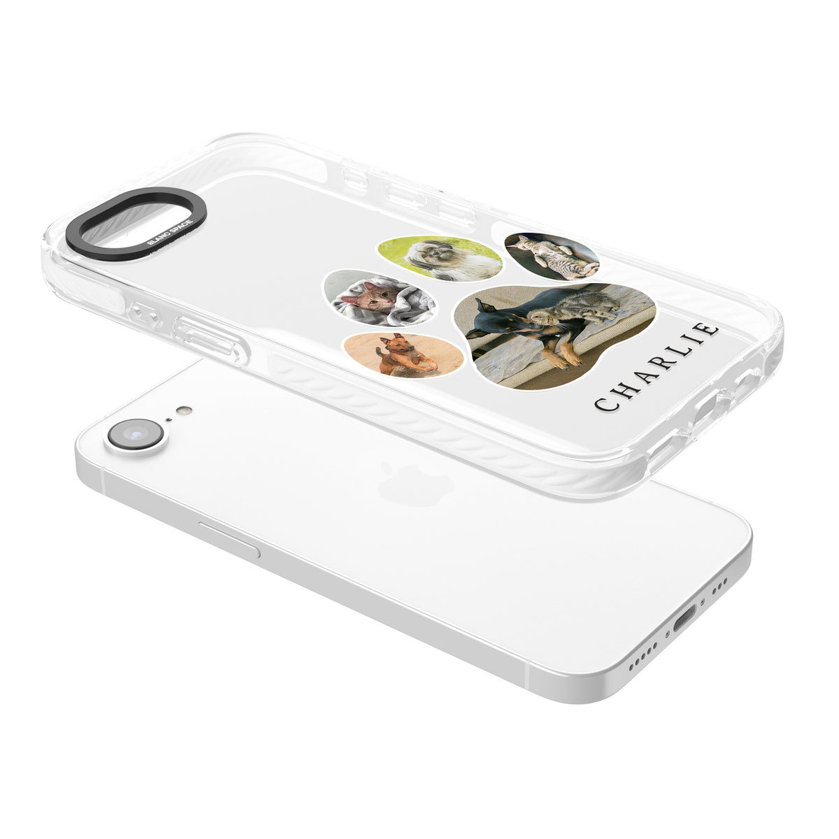 Personalised Paw Print Photos iPhone 16e / iPhone 17e Impact Clear Phone Case angled