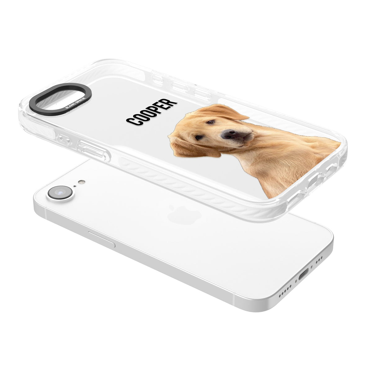 Personalised Pet Cutout & Name iPhone 16e / iPhone 17e Impact Clear Phone Case angled