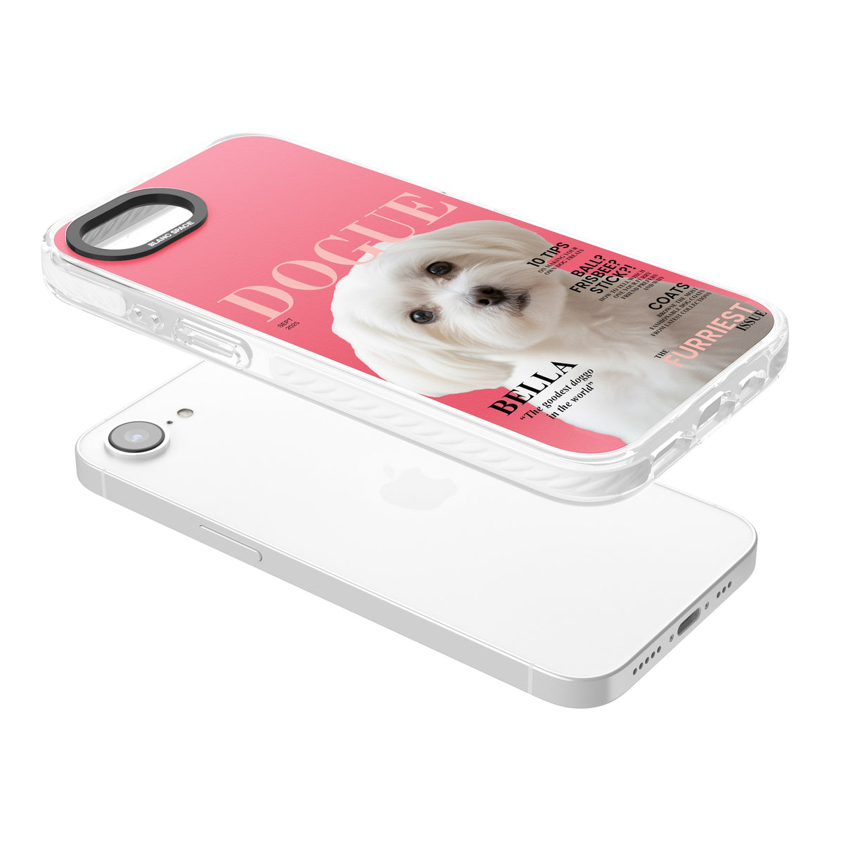 Personalised Dogue Magazine iPhone 16e / iPhone 17e Impact Clear Phone Case angled
