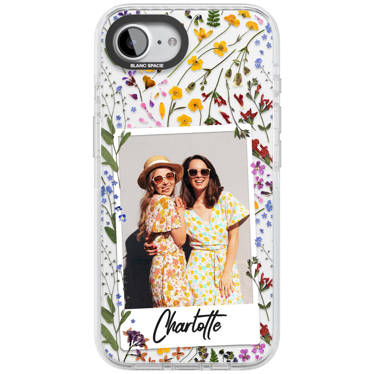 Personalised Wildflower Polaroid iPhone 16e / iPhone 17e Impact Clear Phone Case front