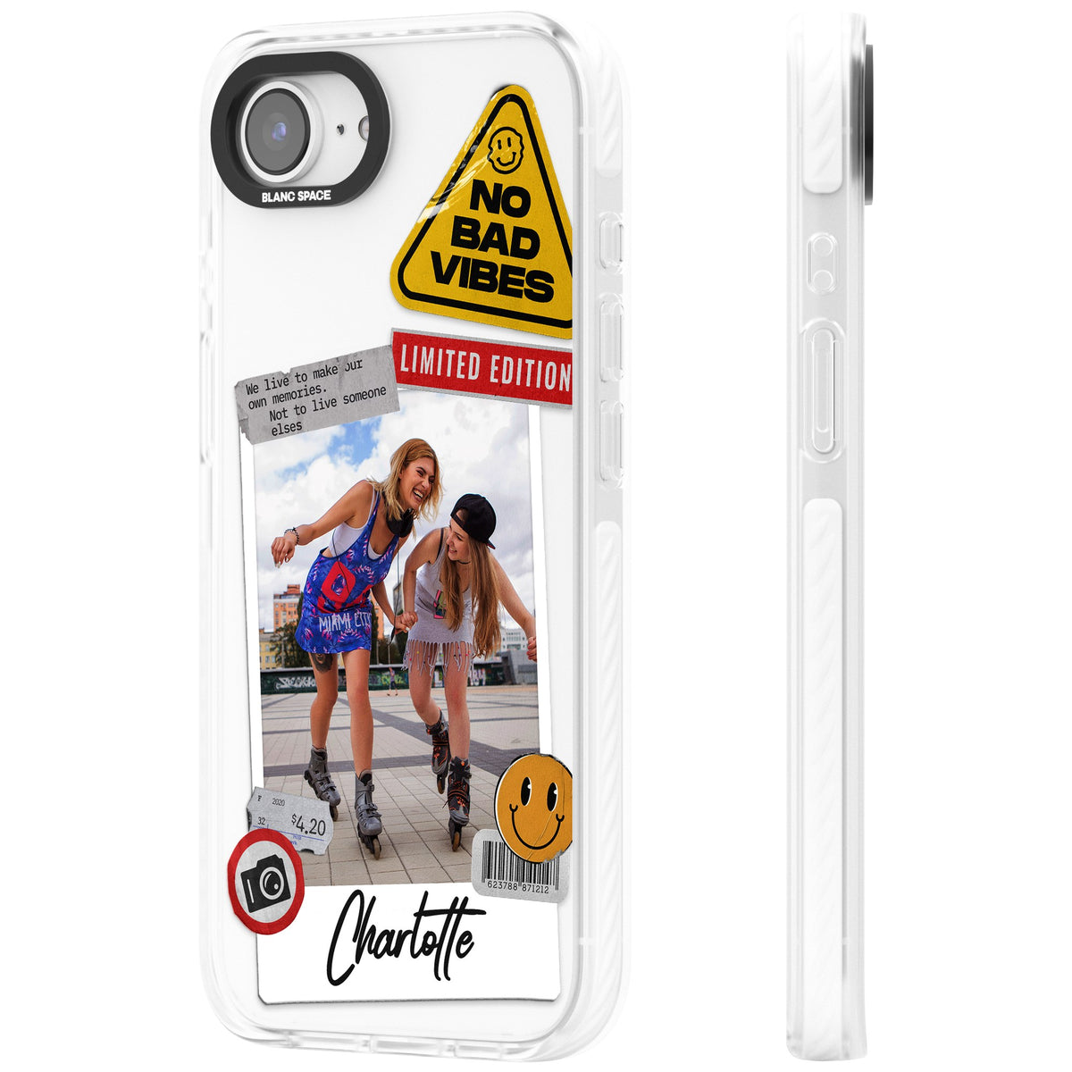 Personalised Sticker Mix Instant Photo iPhone 16e / iPhone 17e Impact Clear Phone Case side