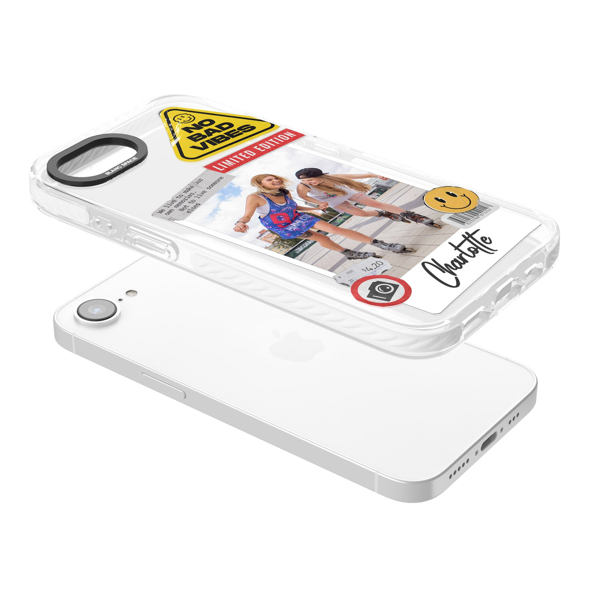 Personalised Sticker Mix Instant Photo iPhone 16e / iPhone 17e Impact Clear Phone Case angled