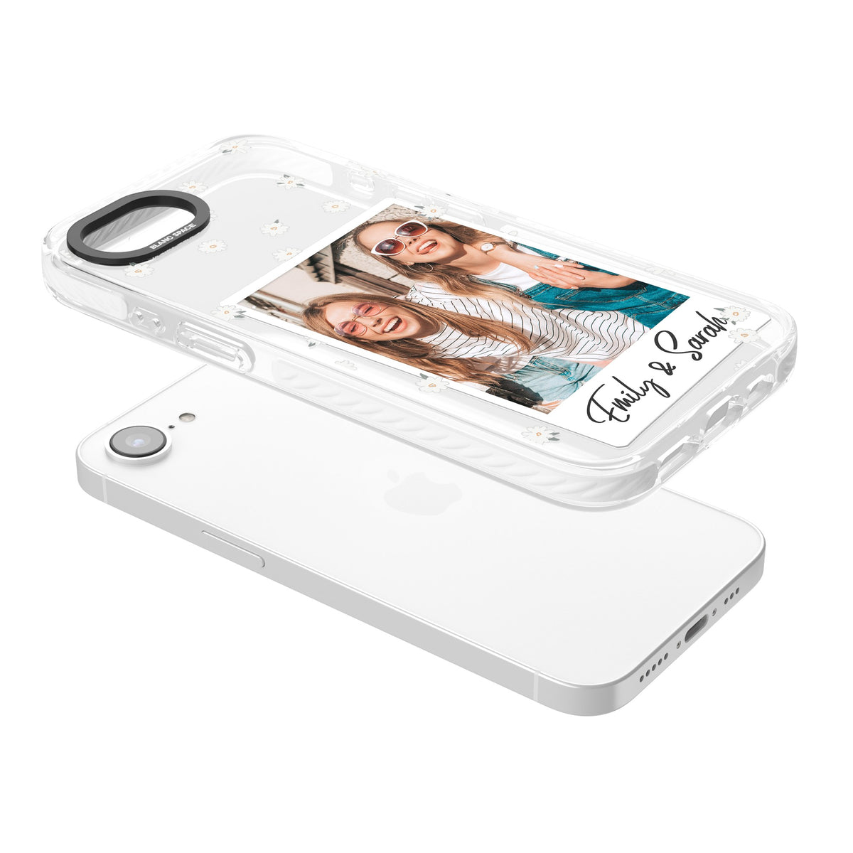 Personalised Daisy Polaroid iPhone 16e / iPhone 17e Impact Clear Phone Case angled