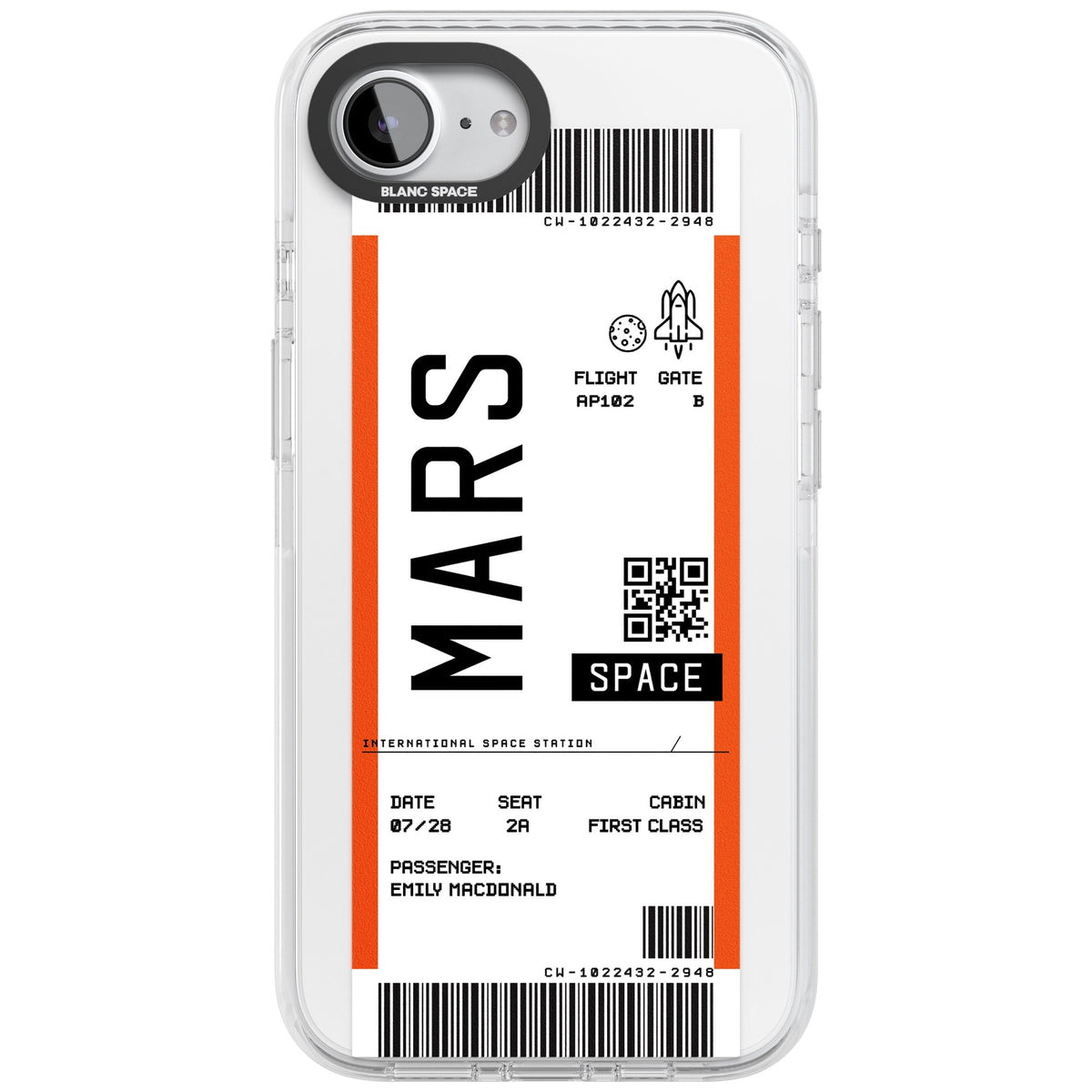 Personalised Mars Travel Ticket iPhone 16e / iPhone 17e Impact Clear Phone Case front