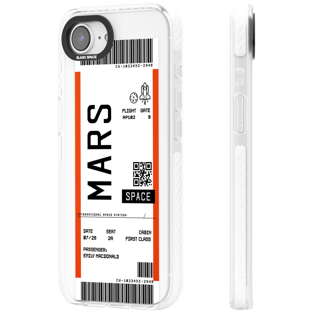 Personalised Mars Travel Ticket iPhone 16e / iPhone 17e Impact Clear Phone Case side