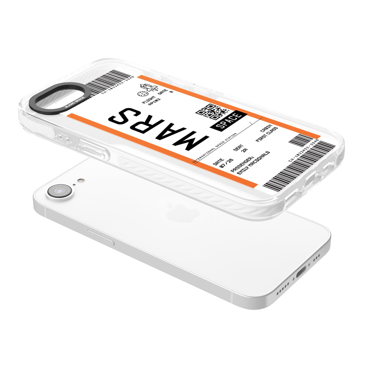 Personalised Mars Travel Ticket iPhone 16e / iPhone 17e Impact Clear Phone Case angled