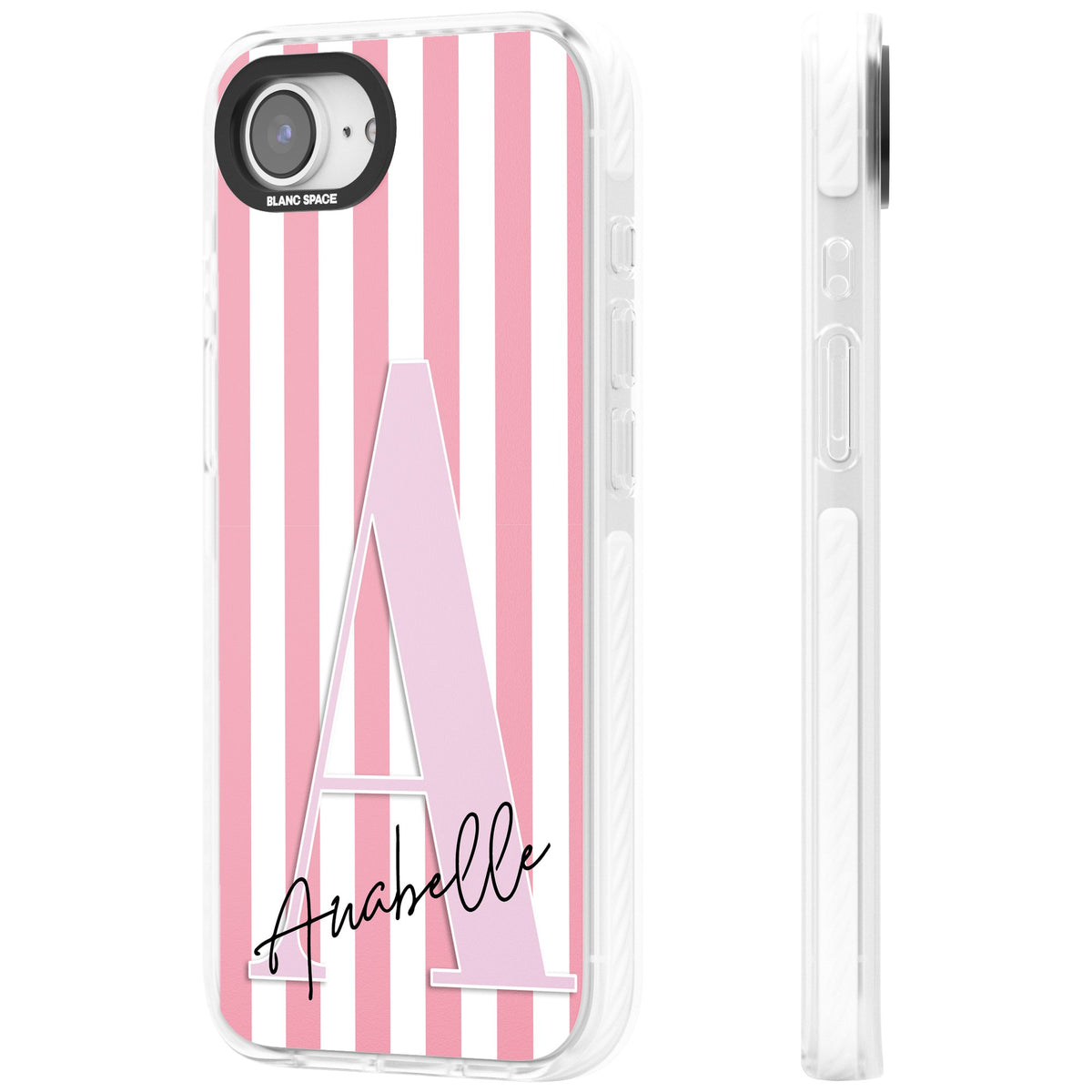 Personalised Soft Pink Stripes iPhone 16e / iPhone 17e Impact Clear Phone Case side