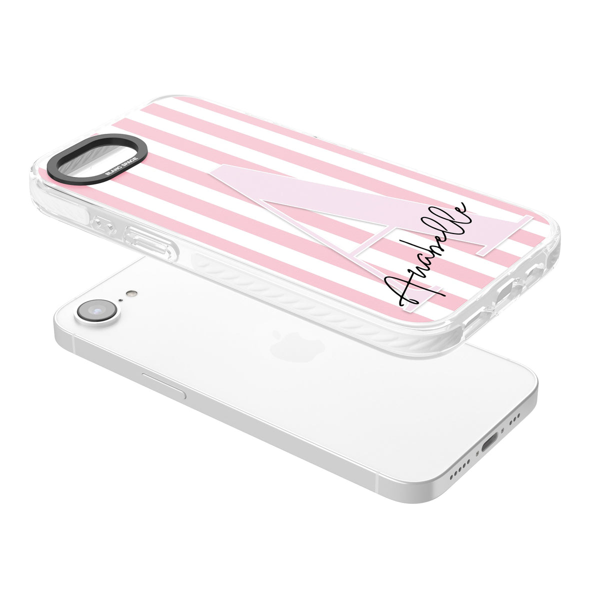 Personalised Soft Pink Stripes iPhone 16e / iPhone 17e Impact Clear Phone Case angled