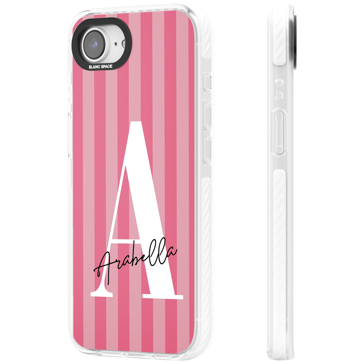 Personalised Pink Stripes iPhone 16e / iPhone 17e Impact Clear Phone Case side