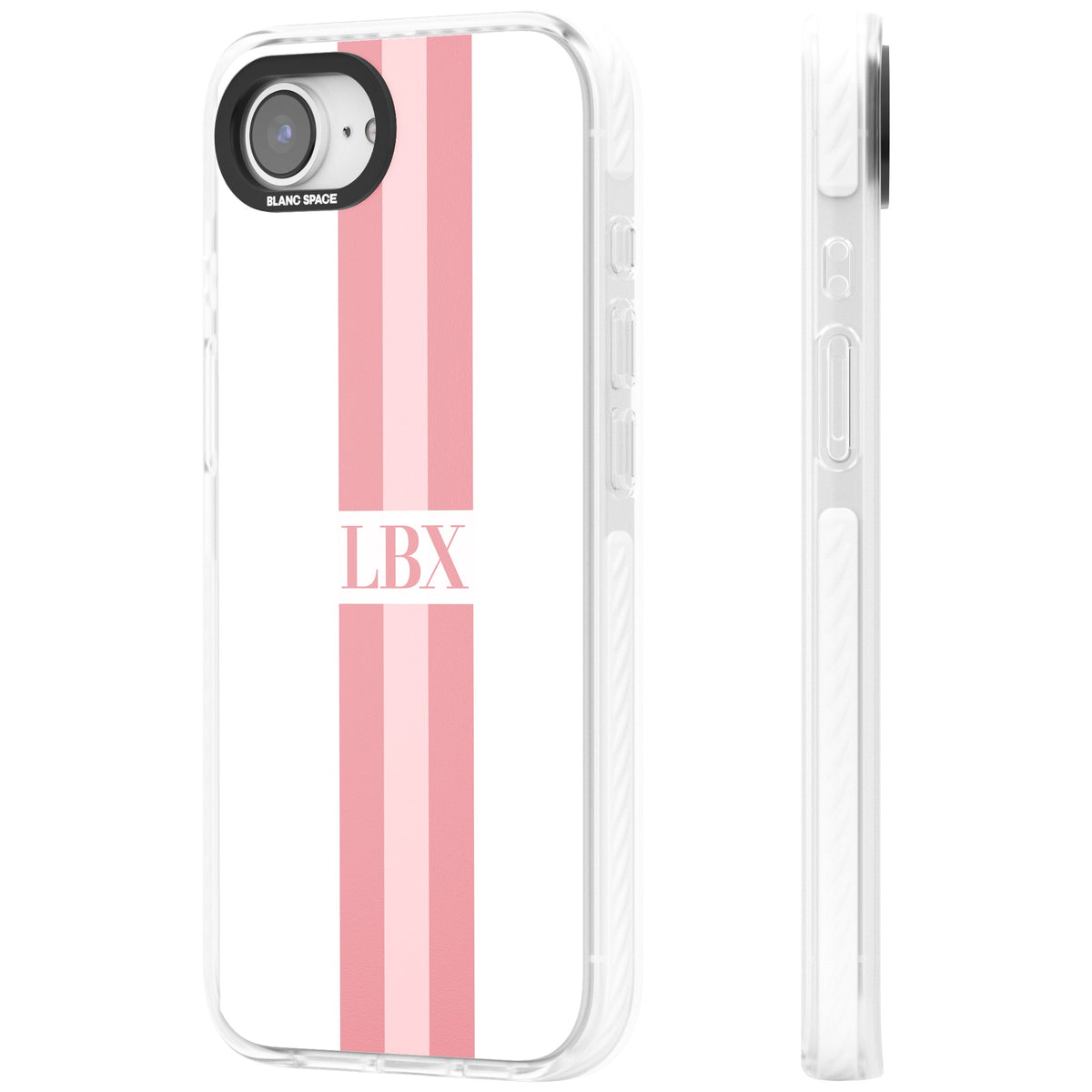 Personalised Minimal Pink Stripe iPhone 16e / iPhone 17e Impact Clear Phone Case side